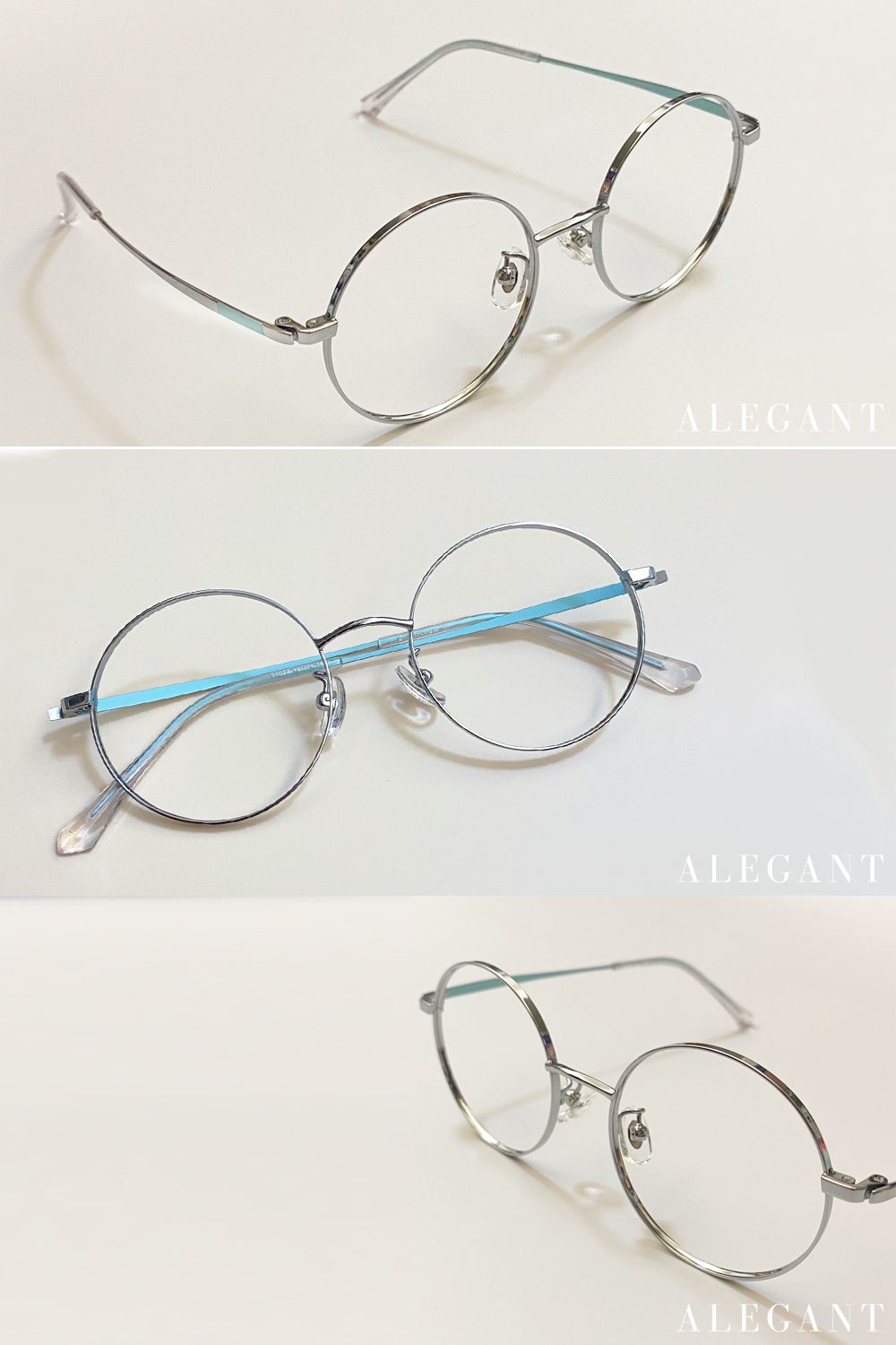 ALEGANT - 冰幻藍銀輕量鈦緞面套圈北歐質感圓框UV400濾藍光眼鏡