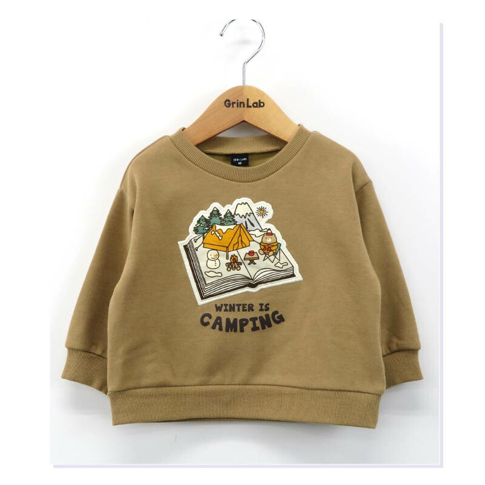 裏起毛 立體貼布印花長袖上衣-露營書-咖啡