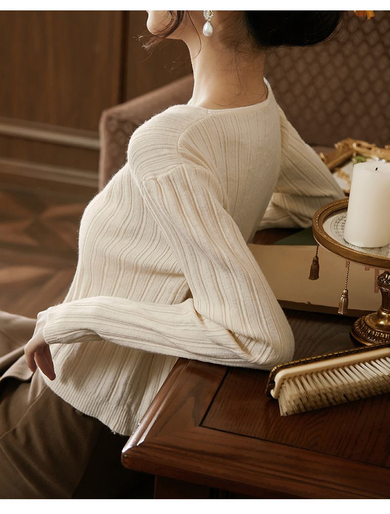 V領綁帶坑條長袖針織上衣-杏色