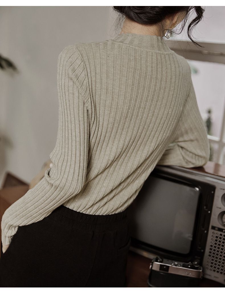 優雅百搭坑條修身針織上衣-燕麥色