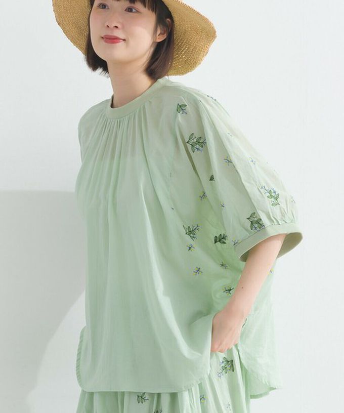 日本 Lupilien - 100%印度棉 優美植物刺繡大寬袖上衣-象牙