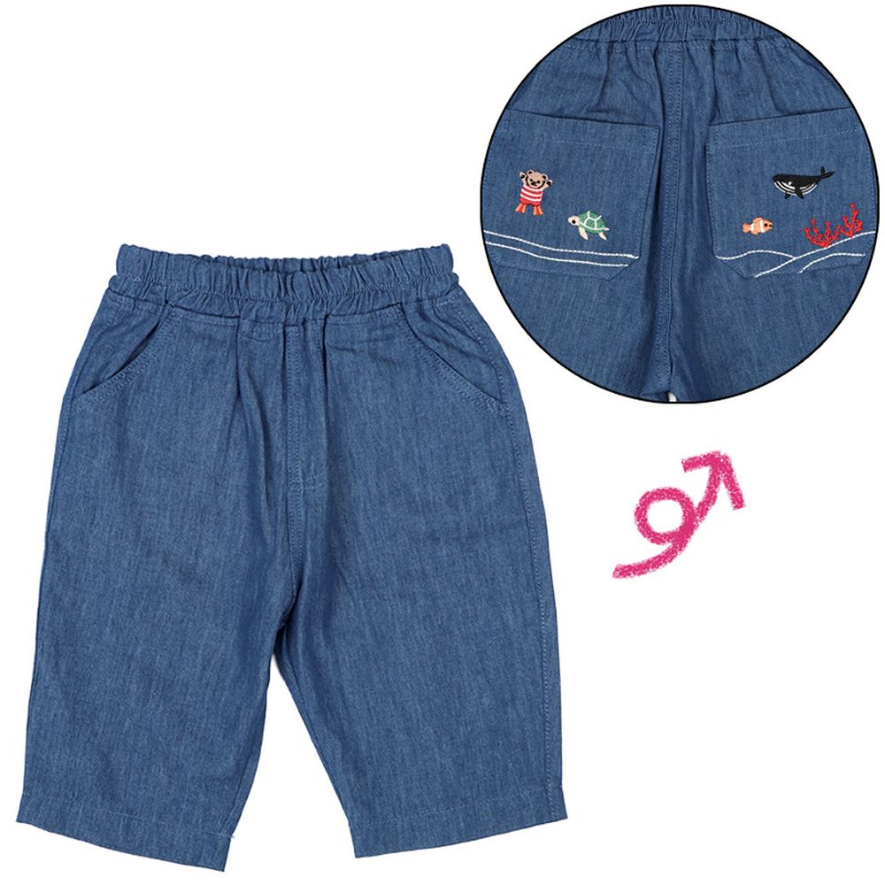 7分褲-口袋刺繡-深藍色