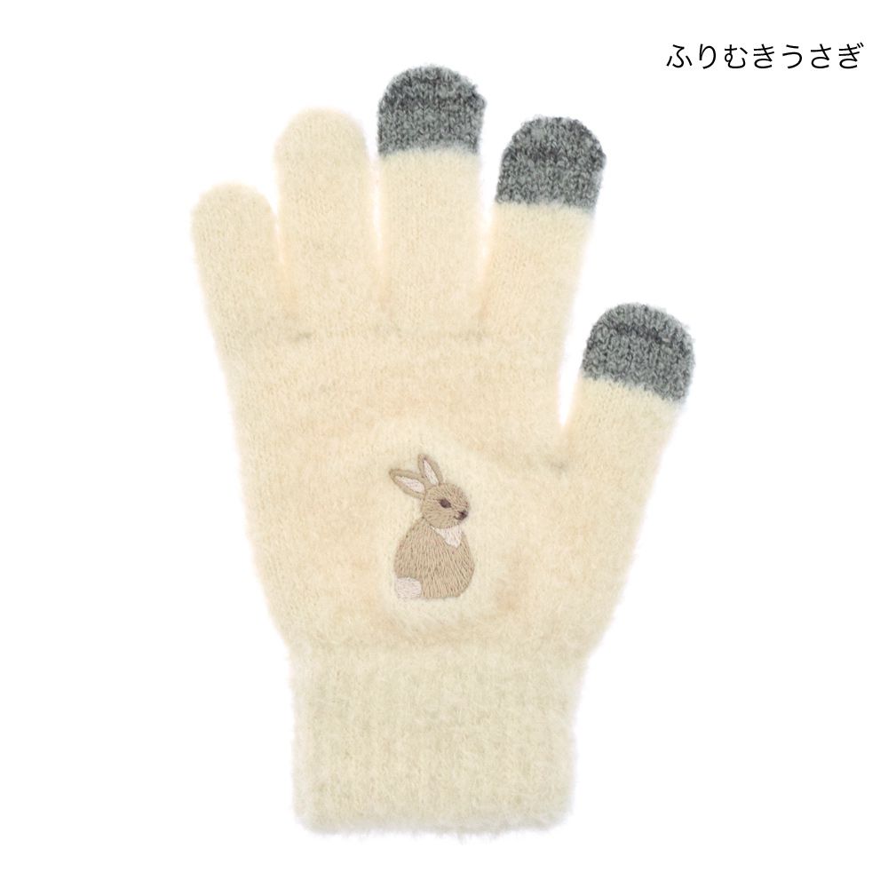 日本 TOMO - (大人)可觸控可愛動物毛絨保暖手套-小灰兔-米