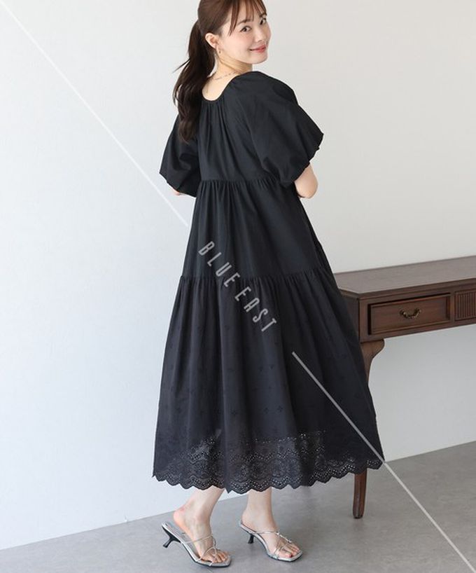 日本 BLUE EAST - 100%棉 下擺精緻蕾絲泡泡短袖洋裝-黑