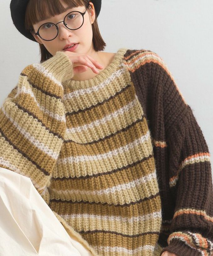 日本 Lupilien - 交錯明亮撞色條紋粗編毛衣-綠x灰系