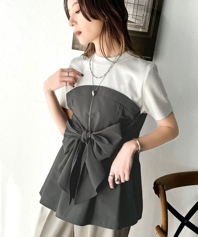 日本 Classical Elf - 時尚顯瘦綁帶拼接風短袖上衣-白x淺灰