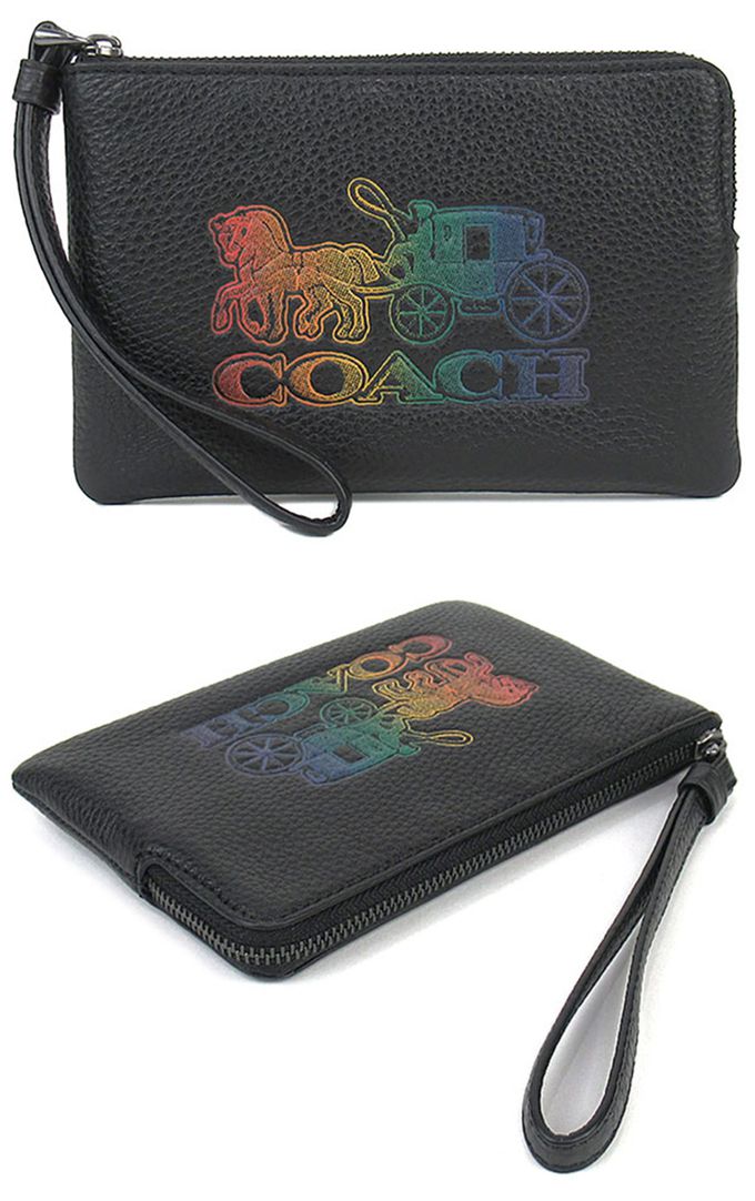 COACH - 馬車LOGO皮革拉鍊手拿包 (黑)