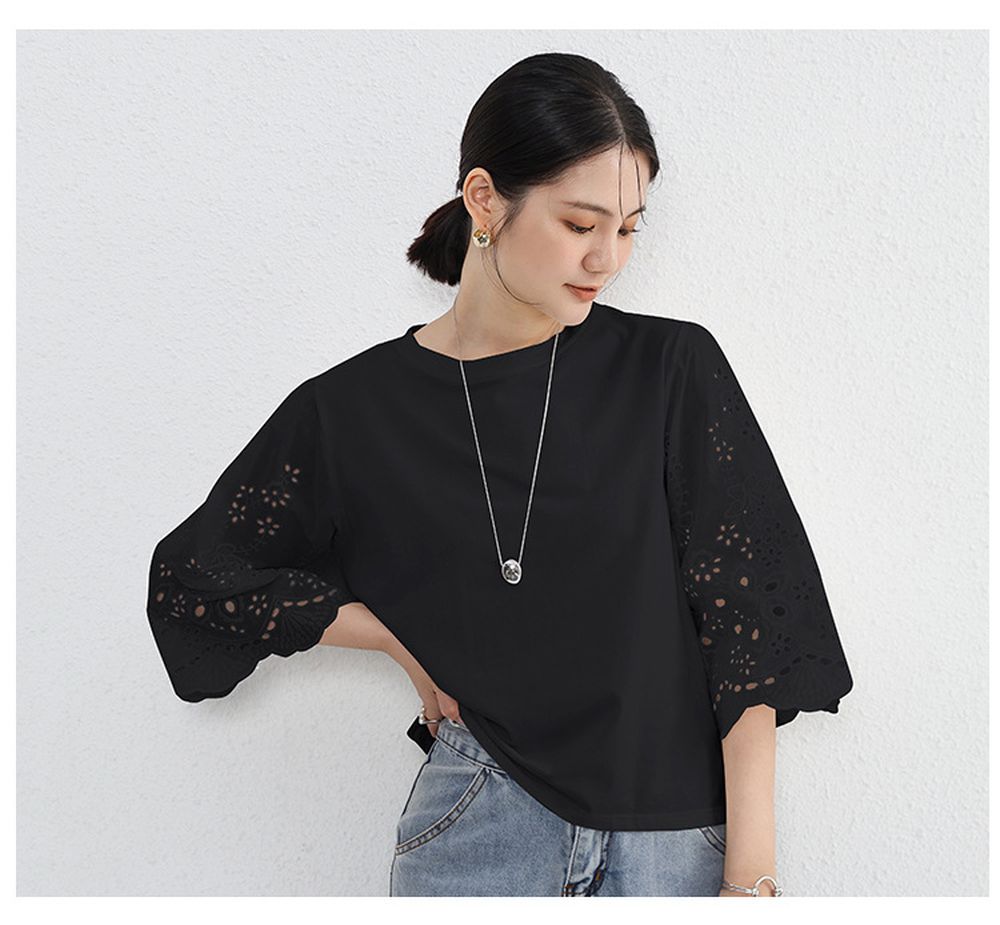 圓領百搭蕾絲喇叭袖上衣-黑色 (F)