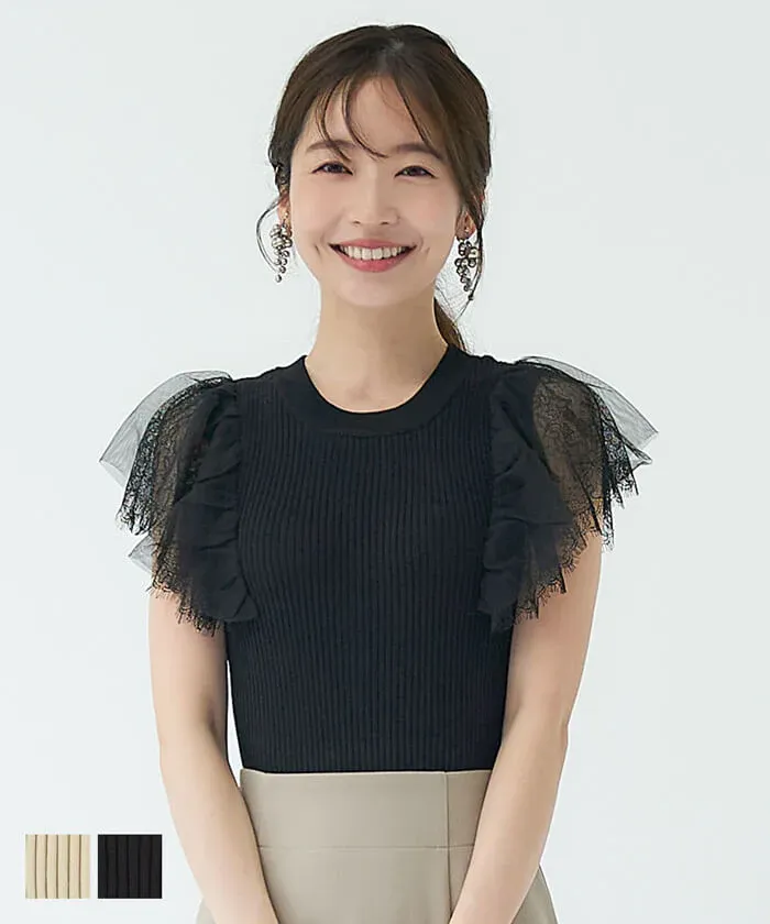 日本 COCA - 圓領坑條拼接蕾絲短袖上衣-黑