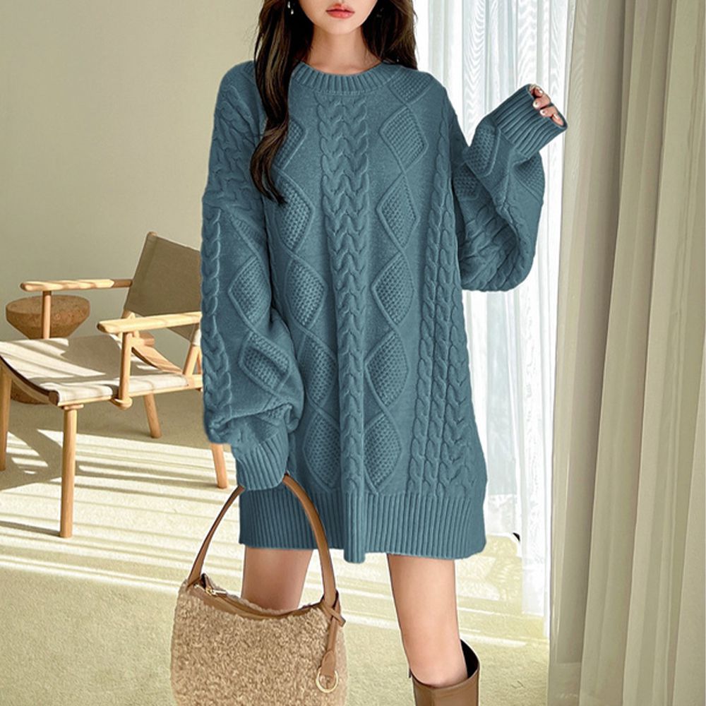 慵懶感麻花編織紋長版毛衣-藍綠 (F)