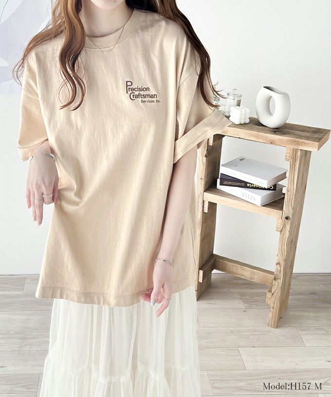 日本 Classical Elf - 100%棉 胸前logo點綴短袖上衣-米杏