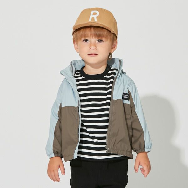 日本 petit main - 拼接雙色連帽輕量防風外套-淺黃x薄荷