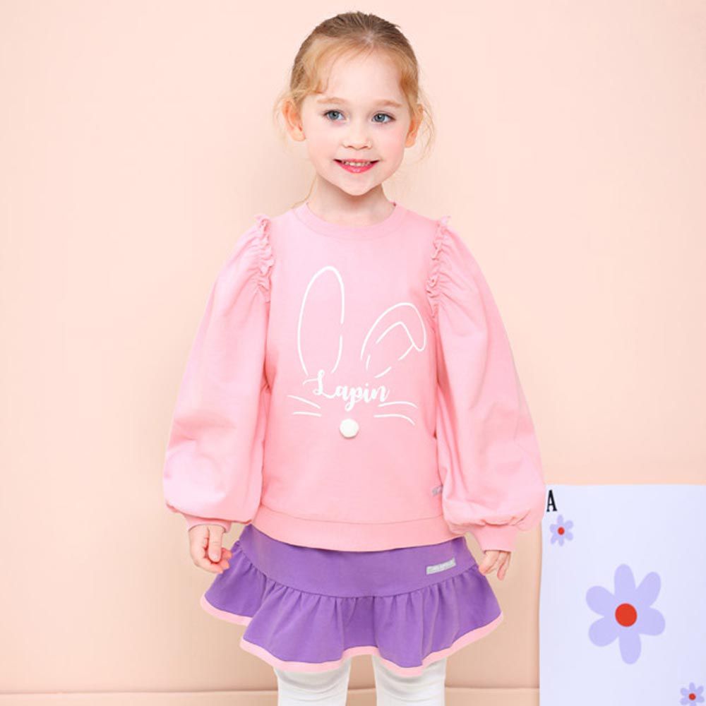韓國 Jelispoon - 可愛兔子毛球點綴內搭褲裙套裝-粉X紫