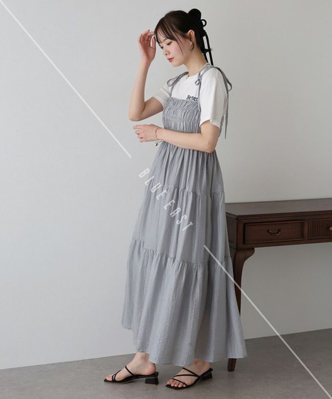 日本 BLUE EAST - 清爽透膚感皺摺綁帶分層洋裝-灰