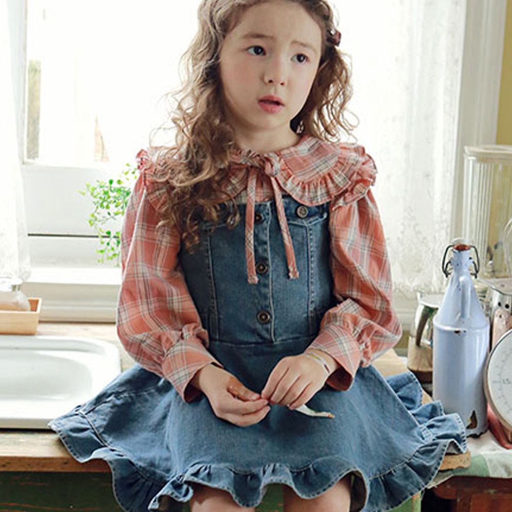 韓國 PuellaFLO - (現省50元)牛仔背心裙+格子泡泡袖襯衫-淺藍X粉紅
