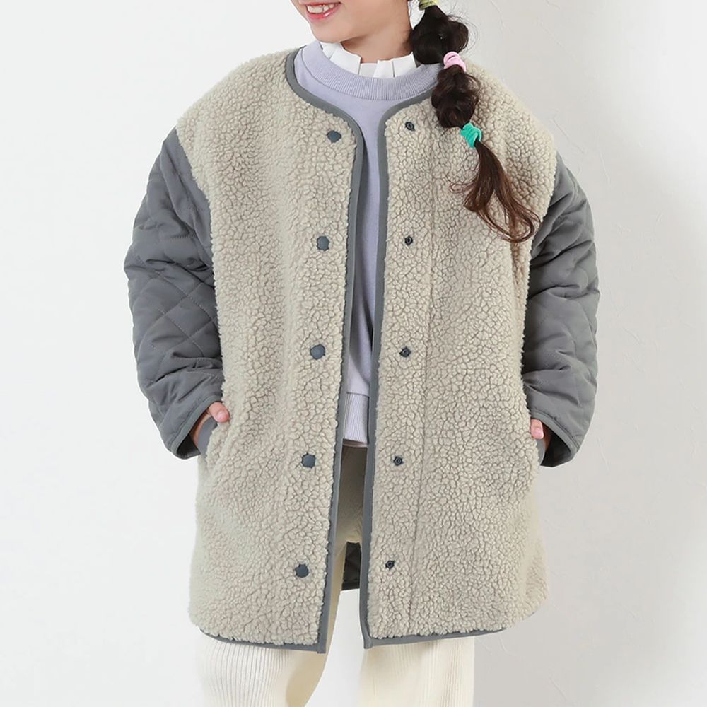 雙面穿絎縫無領時尚保暖長外套(可機洗)-灰