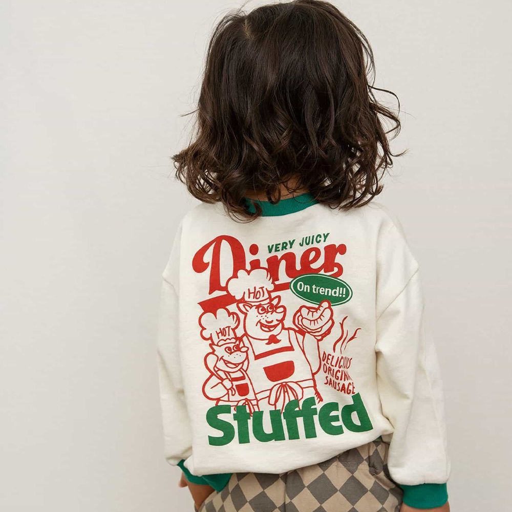 美式餐廳印花裏毛長袖上衣-美味臘腸-象牙白x綠