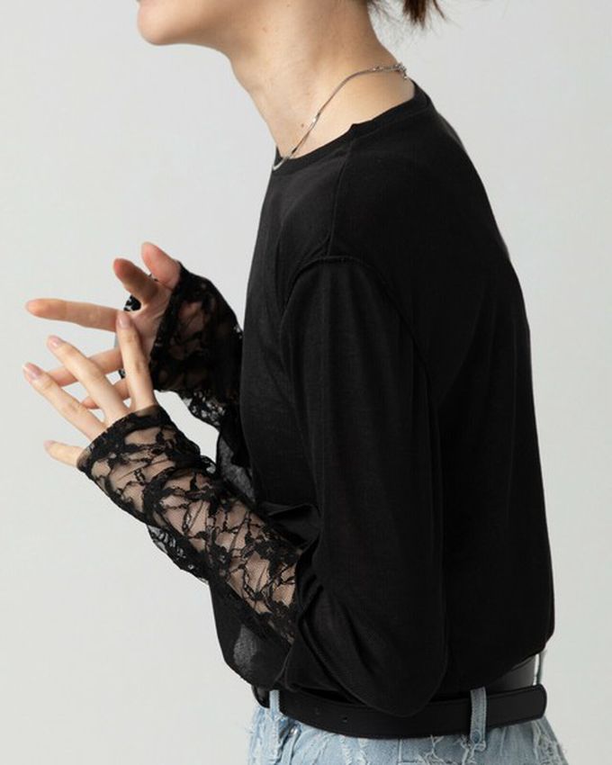 日本 gleam - 薄透合身蕾絲拼接長袖上衣-白