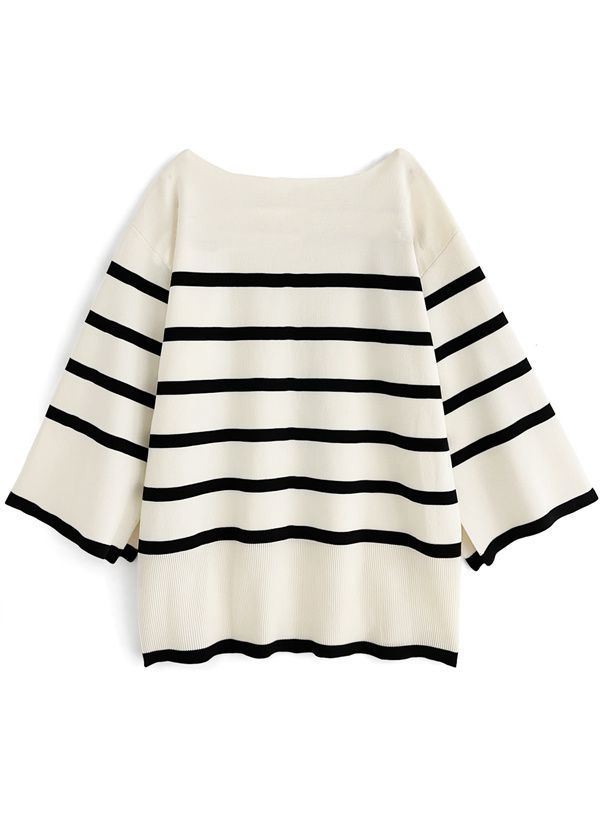 日本 GRL - 修身船領優雅長版針織上衣-黑x白 (F)