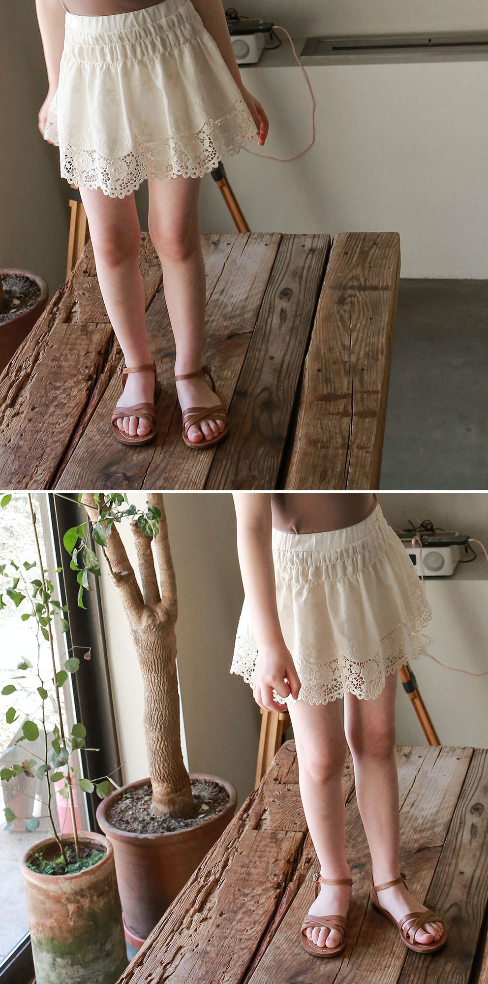 韓國 PuellaFLO - 蕾絲鏤空花瓣下襬褲裙-米白