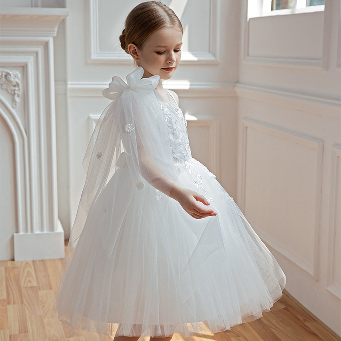 畢業典禮歐美浪漫斜肩珠片花朵純白紗小禮服