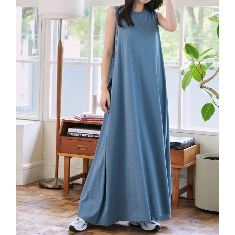 抗透汗 優雅A字無袖洋裝(附bra)-煙燻藍