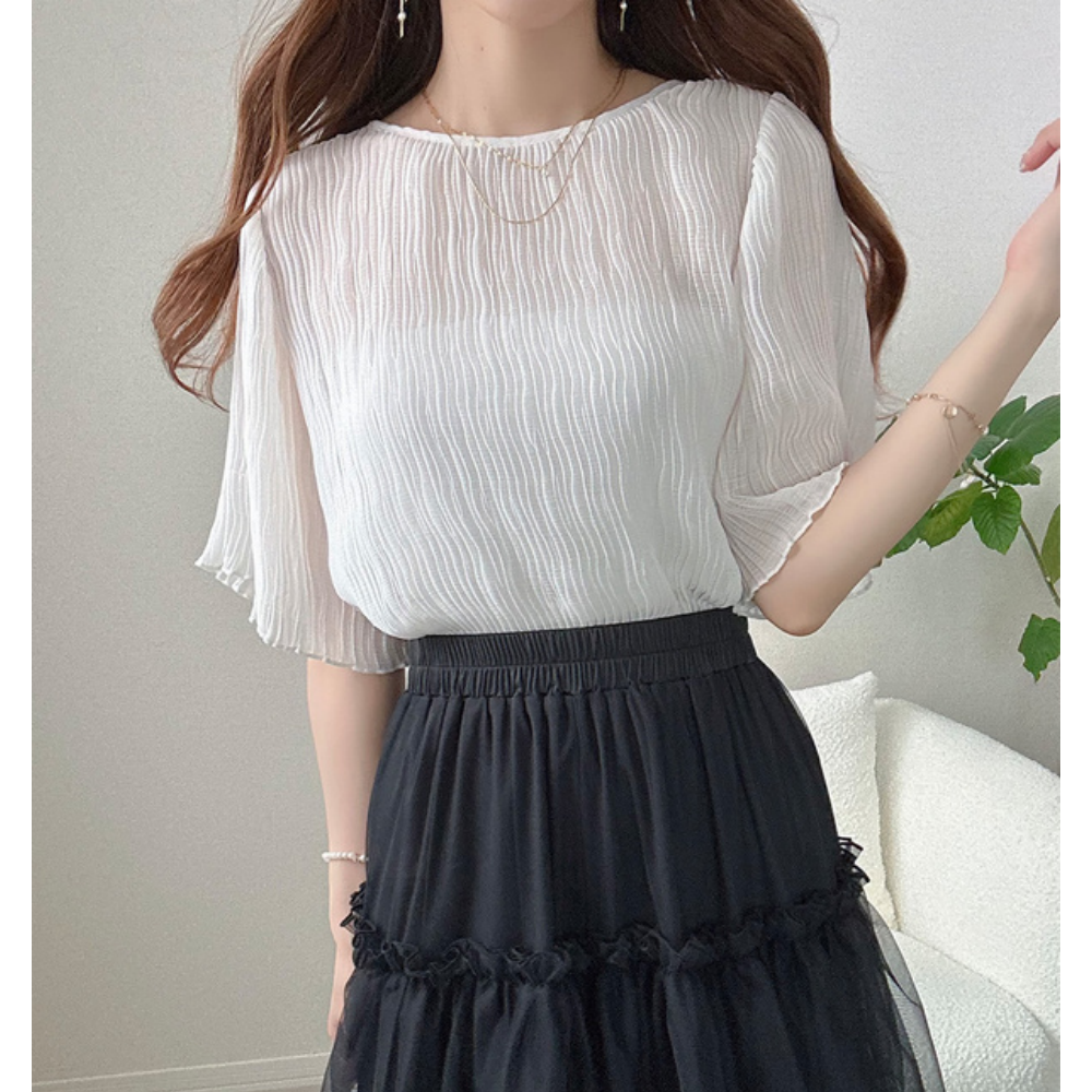 輕盈波浪透膚短袖上衣(附內裡)-白 (F)