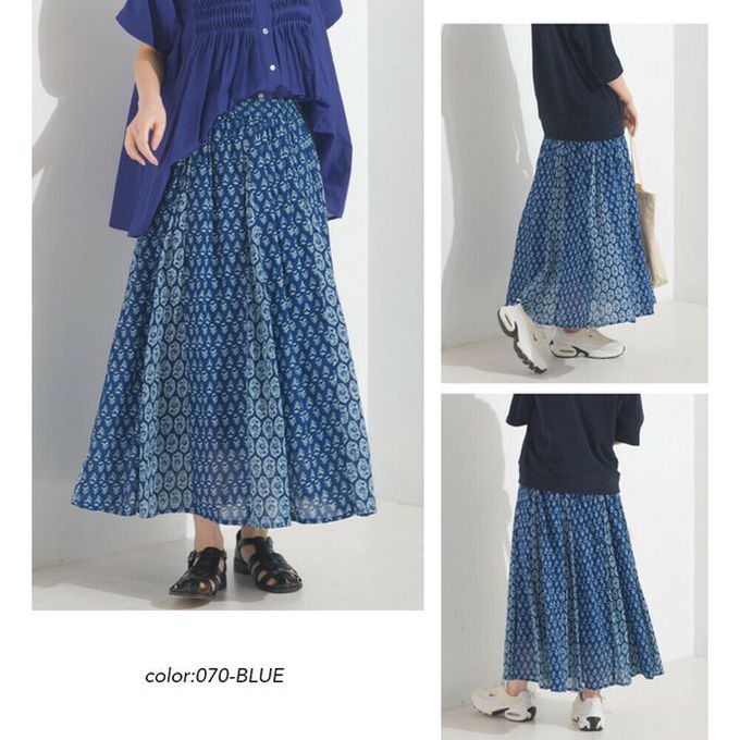 日本 OMNES - 100%印度棉 奢華印花飄逸感長裙-寶藍