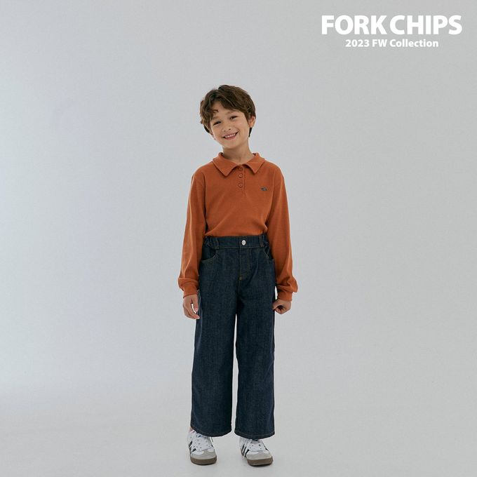 韓國 FORK CHIPS - 金屬裝飾直坑條翻領長袖上衣-磚紅