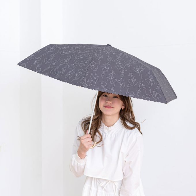 日本中谷 - 100%遮光 抗UV歐風波浪邊J型把手折疊傘-優雅花紋-簡約黑 (傘骨55cm)