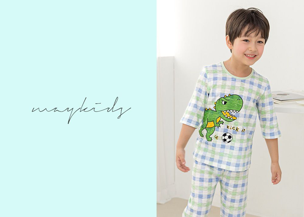 韓國 Maykids - 無螢光棉細柔七分袖家居服-足球暴龍