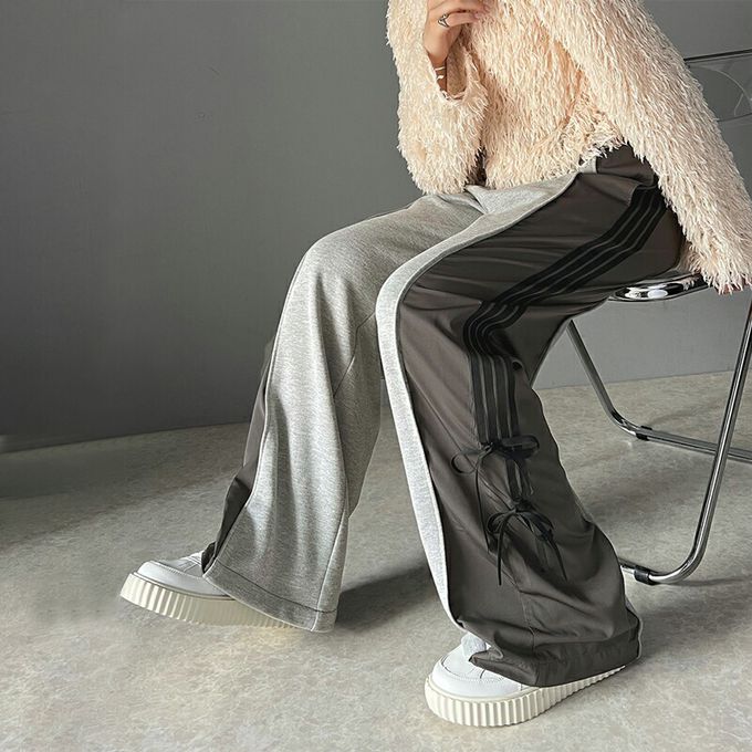 日本 Classical Elf - mily bilet 撞色拼接側綁帶寬褲-米杏