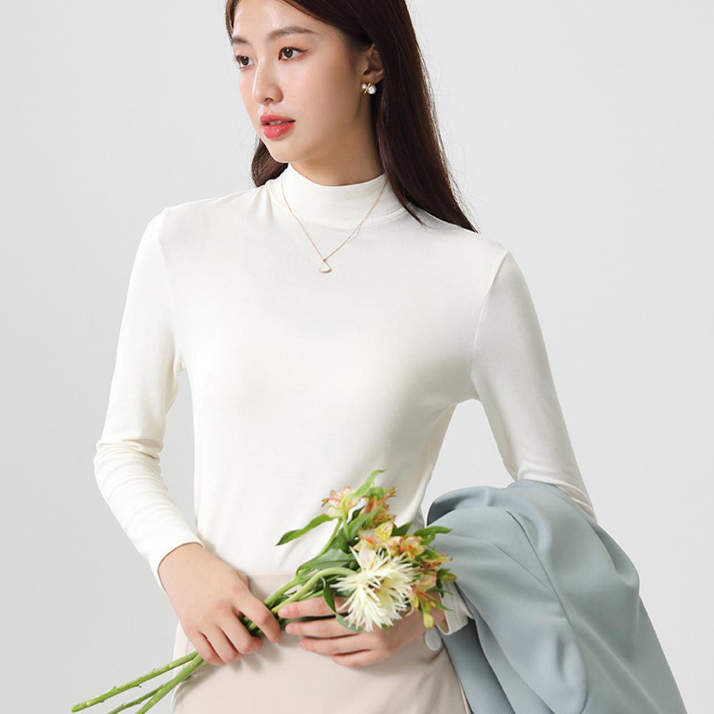 加絨針織半高領上衣-白色 (F)