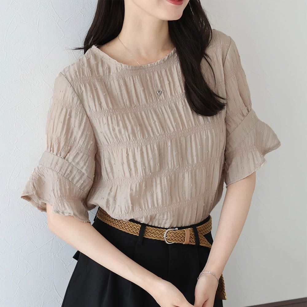 細緻圓點緹花透膚短袖上衣-卡其