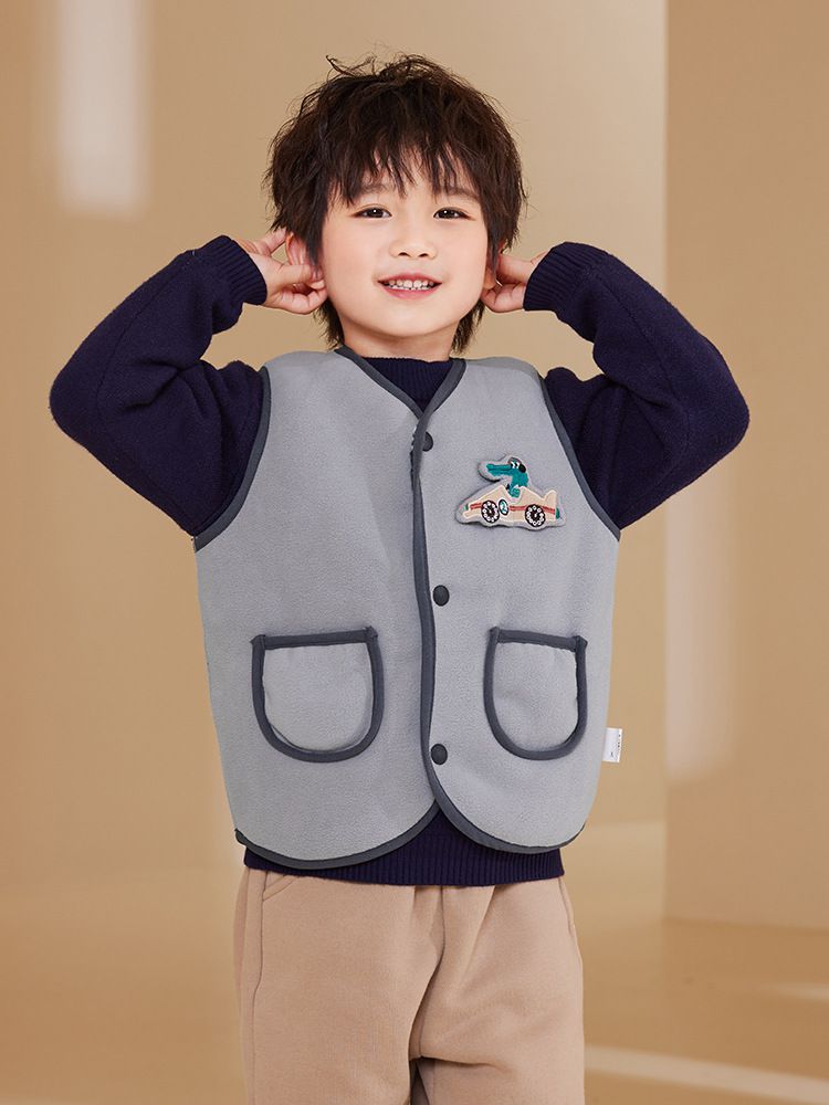 搖粒絨保暖兒童背心-賽車鱷魚-灰色