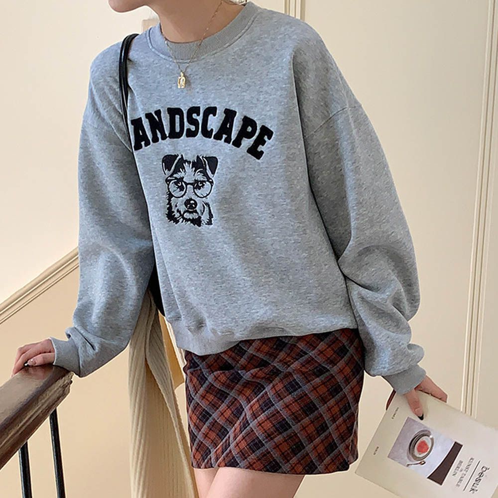 加絨款圓領長袖上衣/大學T-眼鏡狗狗-灰色 (F)