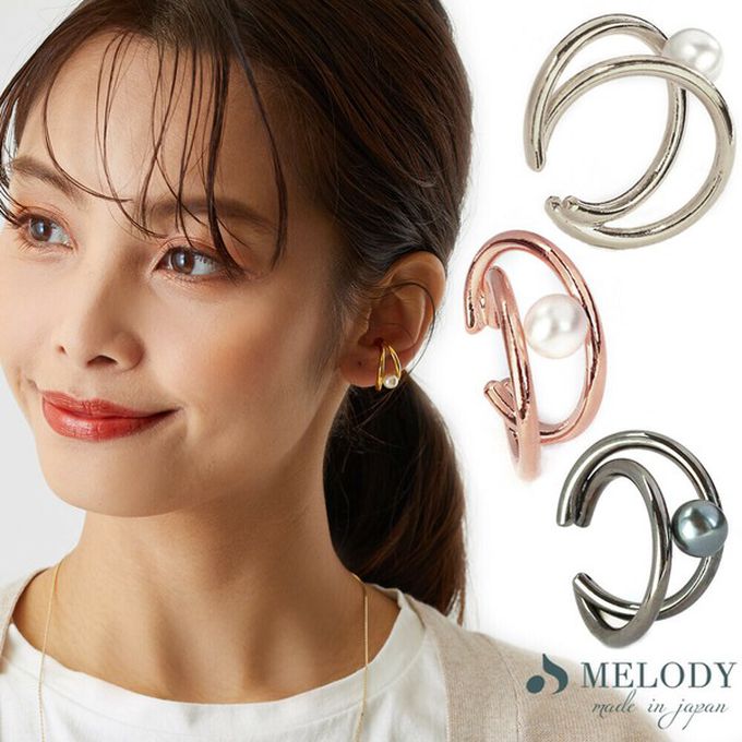 日本 Melody Accessory - 日本製 單顆珍珠線條耳骨夾-霧黑