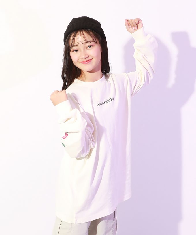 日本 devirock - DANCE 純棉舒適寬版長袖上衣-手臂玫瑰-白