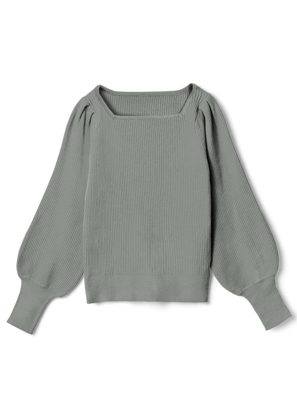 日本 GRL - 方領直羅紋氣球袖針織上衣-玫瑰粉