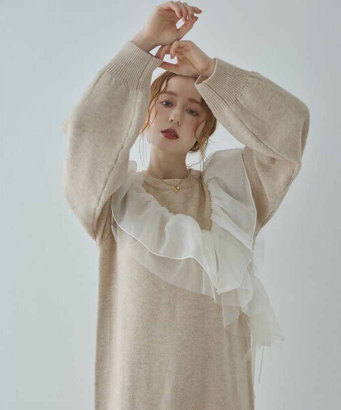 日本 Bab - 交叉薄紗荷葉柔美針織長袖洋裝-黑