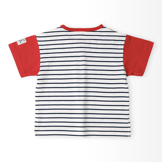 日本 ZOOLAND - 水果造型領天竺棉短袖上衣-檸檬條紋-粉紅x白