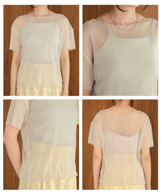 日本 Bab - 華麗微亮透明木耳短袖上衣-(無內裡)-粉紅