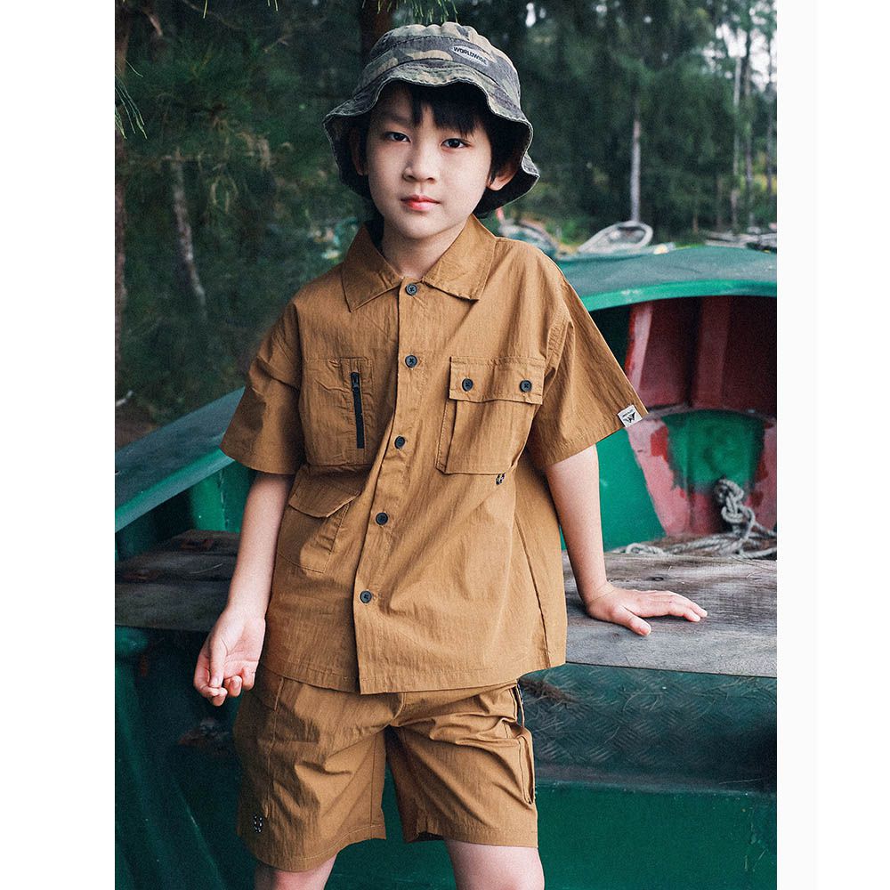 工裝翻領短袖上衣+五分褲兩件式套裝-多口袋-卡其