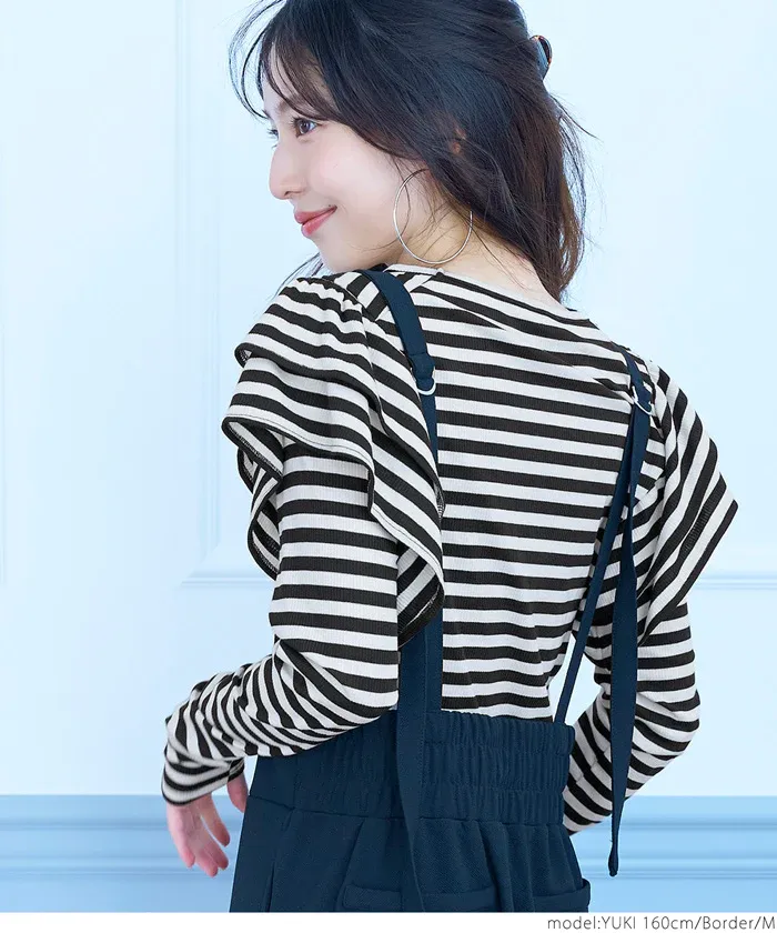 日本 COCA - 棉混透氣荷葉邊薄長袖上衣-黑