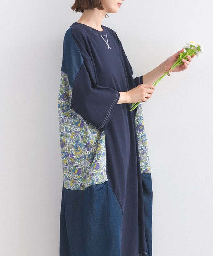 日本 Lupilien - 異素材花朵拼布清新五分袖洋裝-黑