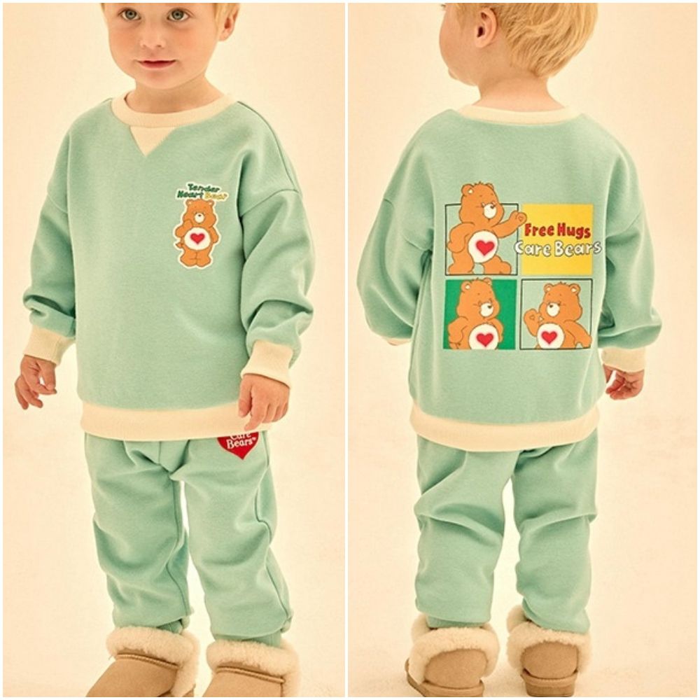 聯名款Free hug熊熊內刷毛長袖套裝-湖水綠