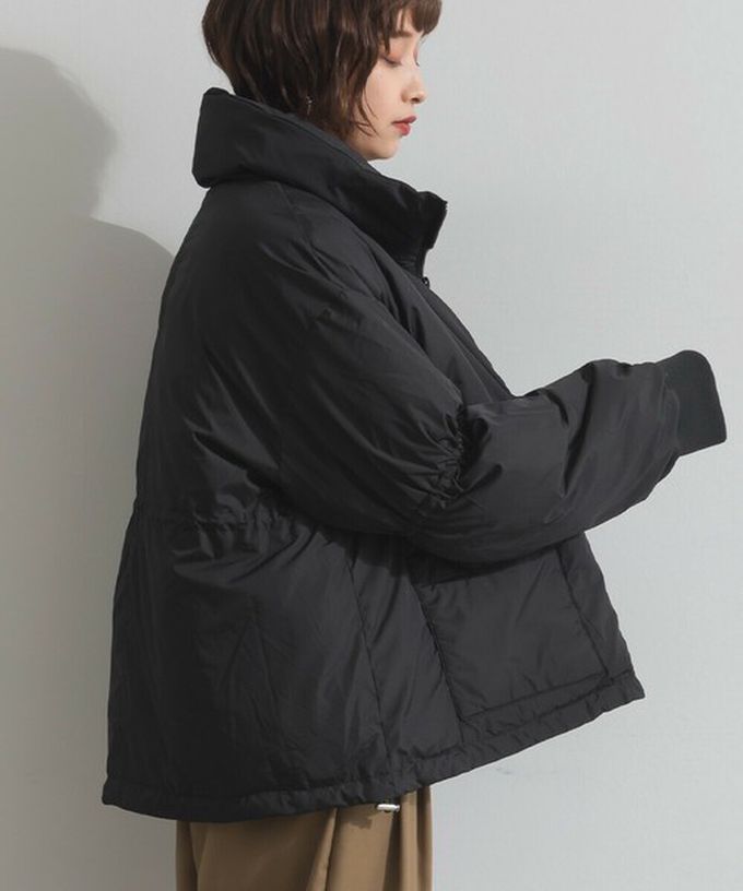 日本 ELENCARE DUE - 蓬鬆袖立領腰抽繩科技羽絨保暖外套-黑