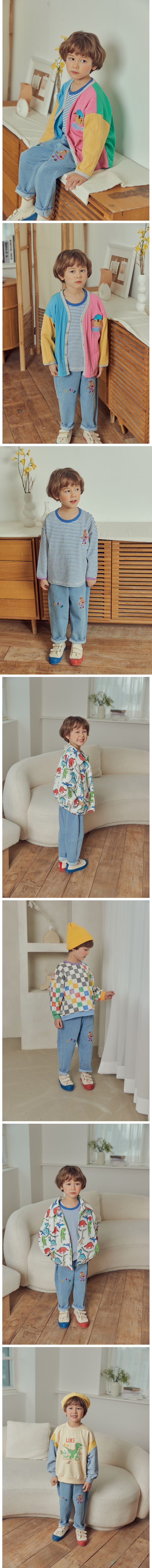 韓國 Mimico - 鬆緊腰動物刺繡丹寧長褲-黑灰