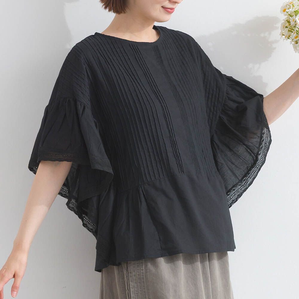 100%印度棉 細緻緹花大寬袖上衣-黑