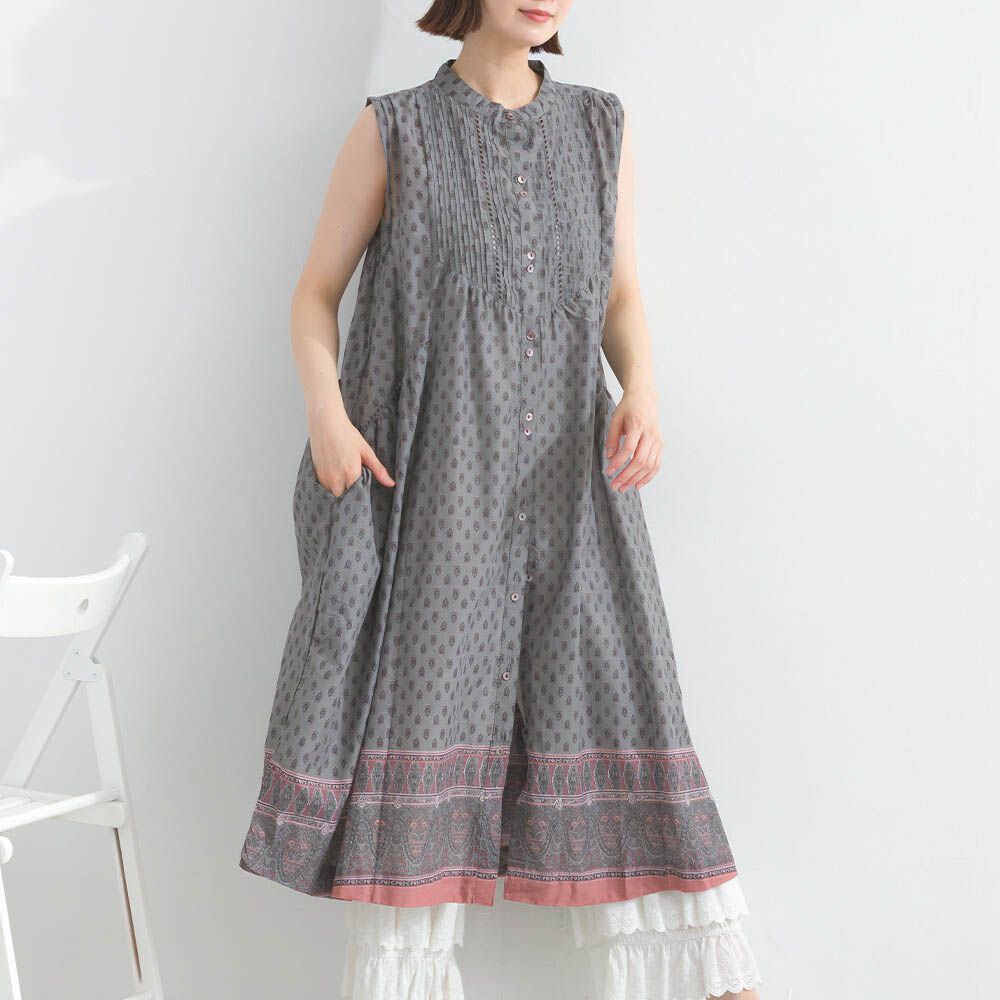100%印度棉 清新印花柔軟洋裝-圖騰-炭灰
